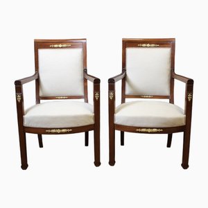 Directoire Armchairs in Mahogany and Bronze, 19th Century, Set of 2