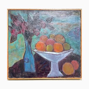 Niederländischer Künstler, Stillleben mit Vase und Früchten, 1950er, Öl auf Leinwand