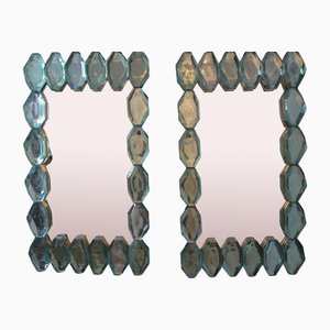 Large Aqua Blue Diamond Cut Textured Murano Glass Block Mirrors, Set of 2