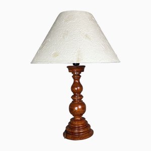 Large Carved Wood Buffet Table Lamp with Handmade Paper Lampshade, 1970s