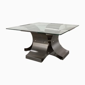 Coffee Table in Brushed Steel attributed to Francois Monnet for Kappa, France, 1970s