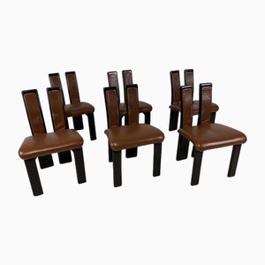 Italian Brutalist Wood & Leather Chairs, 1960s, Set of 6