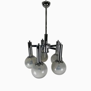 5-Light Chandelier with Chromed Metal Structure and Murano Glass Spheres by Ettore Fantasia and Gino Poli for Sotis, 1960s