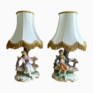 Italian Porcelain Dresden Style Romantic Figural Table Lamps by Capodimonte, 1930s, Set of 2