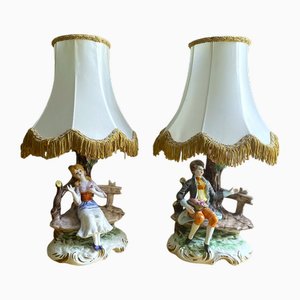 Lámparas de mesa románticas estilo Dresde de porcelana de Capodimonte, años 30. Juego de 2