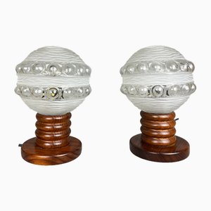 Mid-Century Portuguese Modern Wood and Frosted Glass Table Lamps, 1960s, Set of 2