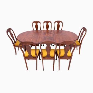 Mesa y sillas de comedor antiguas, Norte de Europa, años 20. Juego de 9
