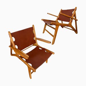 Vintage Spanish Wood and Leather Low Armchairs, Set of 2