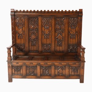 Gothic Revival Oak High Back Hall Bench, 1900s