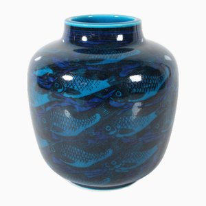 Blaue Jar Vase mit Fischmotiv von Nils Thorsson für Royal Copenhagen, Denmark, 1961