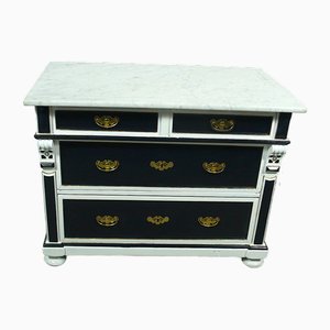 Antique Chest of Drawers in White and Night Blue with Carrara Marble Top, 1900s