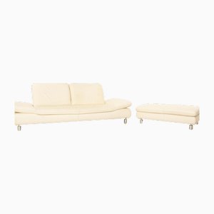 Canapé 3 Places et Pouf Rivoli en Cuir Crème de Koinor, Set de 2