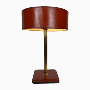 Desk Lamp in Red Leather and Brass in the style of Jacques Adnet, 1970s