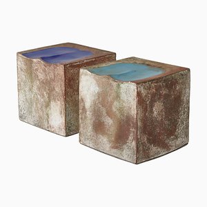 Scandinavian Modern Stoneware Sculptural Cube Stools, Denmark, 1970s, Set of 2