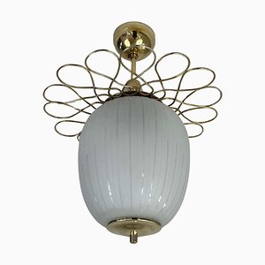 Striped Opaline Glass and Brass Semi Flush Mount, 1940s