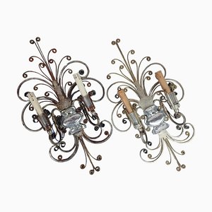Silvered Wrought Iron and Glass Wall Lights attributed to Banci, Italy, 1940s, Set of 2