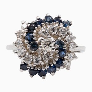 14 Karat White Gold Tourbillon Ring with Diamonds and Sapphires, 1970s