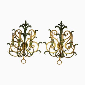 Large Gilt and Green Color Metal and Wood Sconces, 1960s, Set of 2