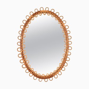 Mid-Century French Riviera Oval Mirror in Curved Rattan and Bamboo, 1960s