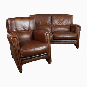 Sofa und Sessel aus Schafsleder, 2er Set