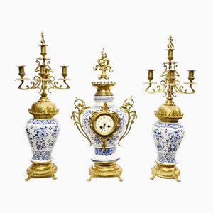 Gilt Delft Porcelain Mantle Clock and Urns, Set of 3