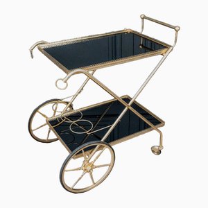 Rolling Bar Trolley in Gold Metal and Black Opaline Two Trays 1960