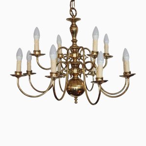 Dutch Style 12 Branch Brass Scroll Arm Chandelier, 1920s