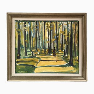 Park Stroll, Oil Painting, 1950s, Framed