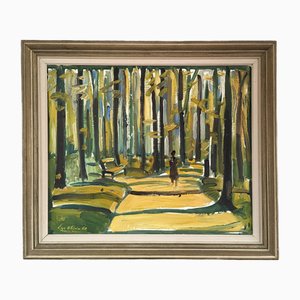 Park Stroll, Peinture à l'Huile, 1950s, Encadré