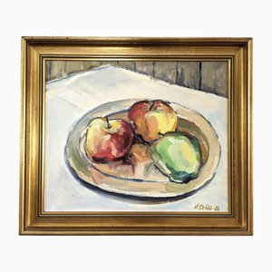 Manzanas de la huerta, pintura al óleo, años 50, enmarcado