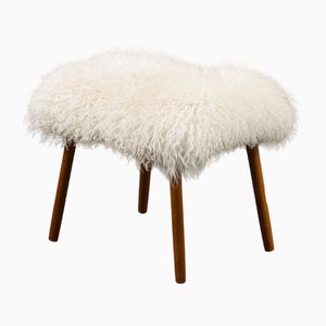 Mid-Century Danish Footstool in Natural Long Hair Sheepskin, 1970s