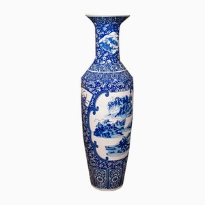 Tall Chinese Art Deco Floor Vase in Blue and White Ceramic, 1940s