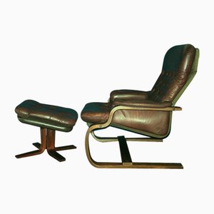 Mid-Century Leather Bentwood Cantilever Lounge Chair with Ottoman, 1960s, Set of 2