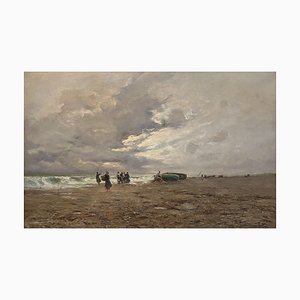 Carlo Follini, Pêcheurs à la marée basse, Oil on Canvas, Framed
