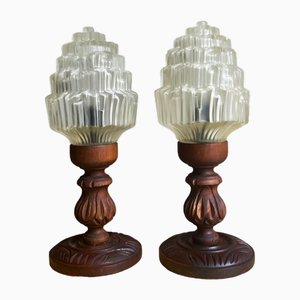 Portuguese Carved Wood and Frosted Glass Skyscraper Table Lamps, 1960s, Set of 2