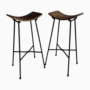 Wicker Seated Bar Stools, 1960s, Set of 2