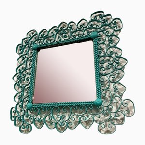 Blau lackierter spanischer Vintage Spiegel aus Schmiedeeisen