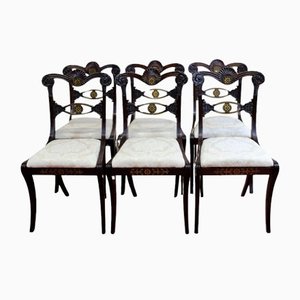 Sedie da pranzo Regency in legno duro e ottone intarsiato, 1820, set di 6