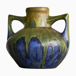 Jarrón de cerámica esmaltado en verde y azul mate de Gilbert Méténier, France, años 40