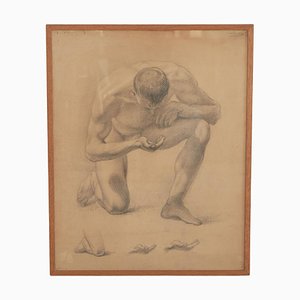 Estudio de desnudo masculino, dibujo a lápiz, años 40