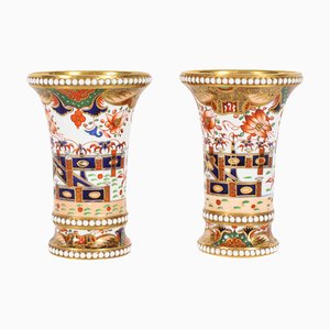 Antique Spode Beaded Beakers Imari Style Matchpots 1820s 19th Century, Set of 2
