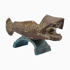 Scultura di pesce antica in ceramica di Gilbert Portanier, Francia