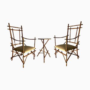 Vintage Italian Armchairs and Coffee Table in Bamboo and Brass by Paolo Traversi, 1970s, Set of 3