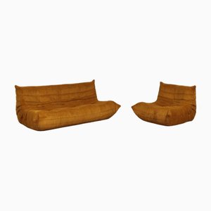 Togo Sofa and Lounge Chair in Mustard Corduroy by Michel Ducaroy for Ligne Roset, 1972, Set of 2