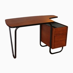 Mid-Century German Desk in Oak with Tubular Steel Base, 1950s