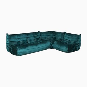 Togo Modular Sofa in Petrol Velvet by Michel Ducaroy for Ligne Roset, 1970s, Set of 3