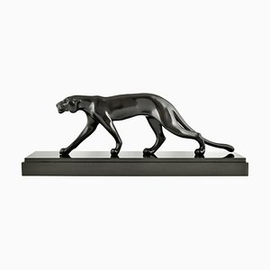 M. Font, Art Deco Skulptur eines Panthers, 1930, Metall auf Marmorsockel
