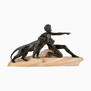 Max Le Verrier, Art Deco Skulptur eines jungen Mannes mit Panther, 1930er, Metall & Stein