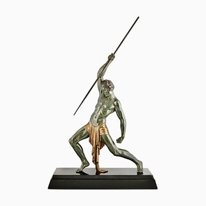 Demetre H. Chiparus, Art Deco Man with Spear, 1934, Metallo su base in marmo nero