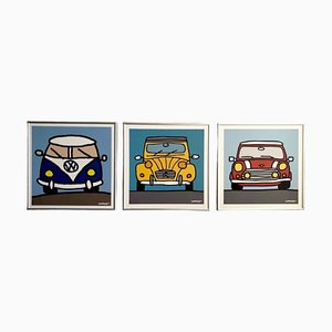 Vintage Colored Car Lithographs by Óscar Casla for Callate La Boca, Spain, 1990s, Framed, Set of 3